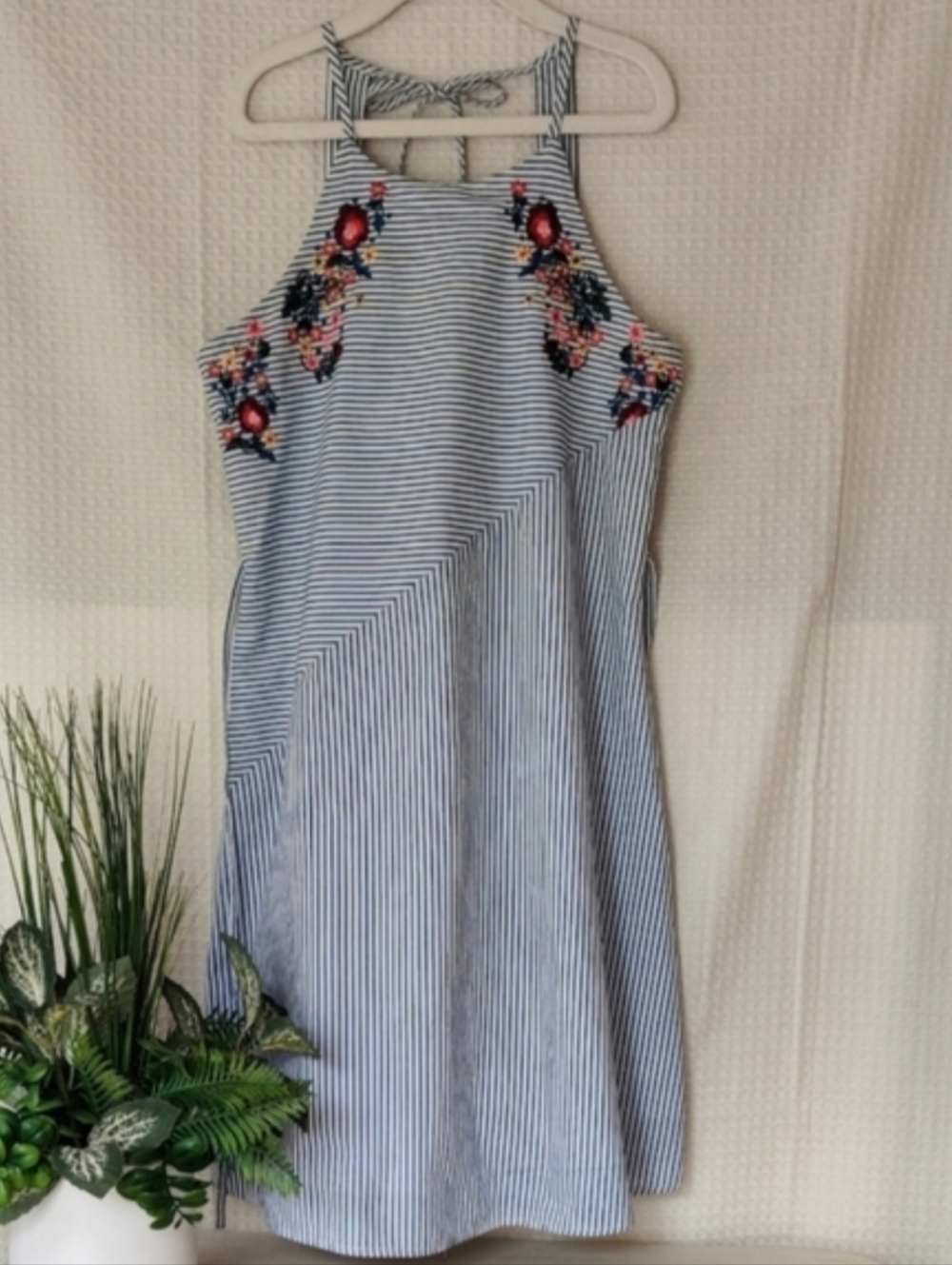 Speechless Girls Blue Striped Embroidered Flowers Summer Dress Size 14